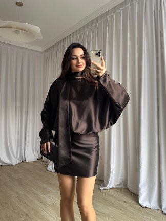 MAXİM Saten Mini Elbise 8737 - Acı Kahve - 3