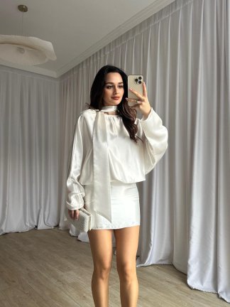 MAXİM Saten Mini Elbise 8737 - Beyaz - 3