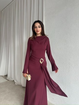 MAYBE Maxi Elbise 8654 - Bordo - 2