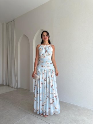 MEİSSEN Çicek Desenli Maxi Elbise 9532 - Bebe Mavisi 