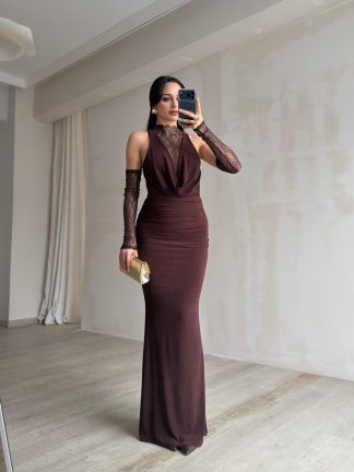 MELANİ Dantel Kol Maxi Elbise 2842 - Acı Kahve - 4