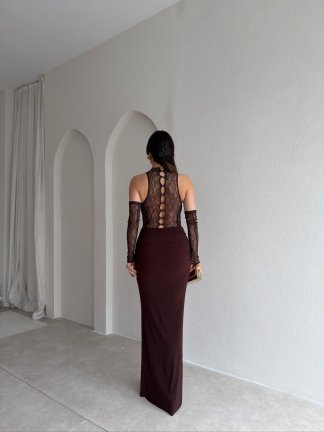 MELANİ Dantel Kol Maxi Elbise 2842 - Acı Kahve - 3