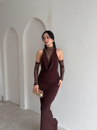 MELANİ Dantel Kol Maxi Elbise 2842 - Acı Kahve - 2
