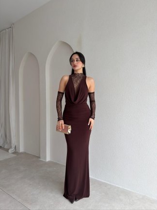 MELANİ Dantel Kol Maxi Elbise 2842 - Acı Kahve 