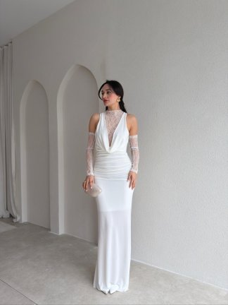 MELANİ Dantel Kol Maxi Elbise 2842 - Beyaz - 1