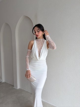 MELANİ Dantel Kol Maxi Elbise 2842 - Beyaz - 2