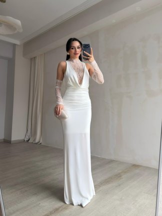 MELANİ Dantel Kol Maxi Elbise 2842 - Beyaz - 4