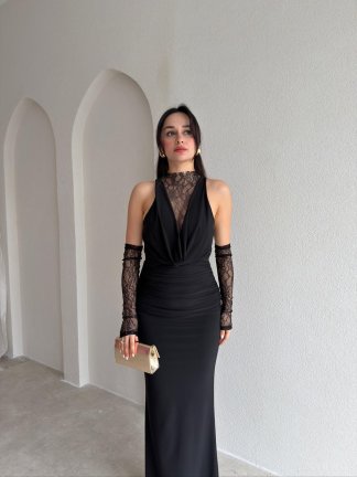 MELANİ Dantel Kol Maxi Elbise 2842 - Siyah - 2