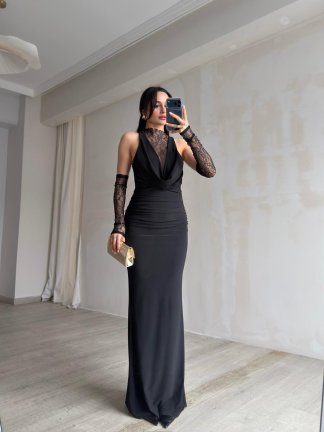 MELANİ Dantel Kol Maxi Elbise 2842 - Siyah - 4