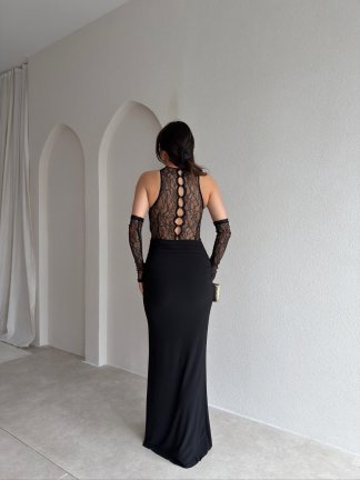 MELANİ Dantel Kol Maxi Elbise 2842 - Siyah - 3