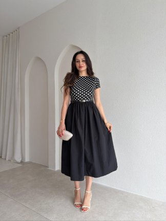 MELİNA Puantiye Detaylı Midi Elbise 2895 - Siyah - 2