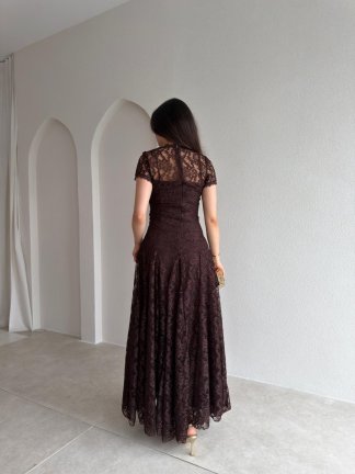 MİELE Dantel Detaylı Maxi Elbise 6644 - Acı Kahve - 3