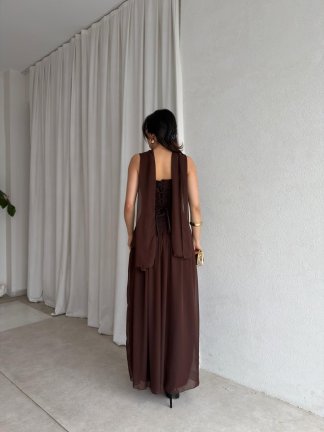  MİMOSA Maxi Şallı Elbise 8543 - Acı Kahve - 3