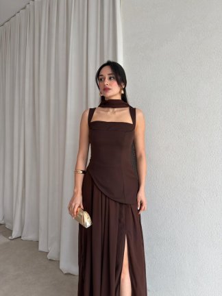  MİMOSA Maxi Şallı Elbise 8543 - Acı Kahve - 1