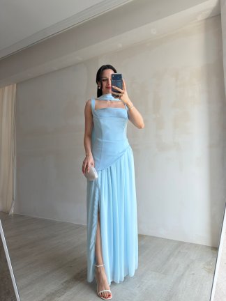 MİMOSA Maxi Şallı Elbise 8543 - Bebe Mavisi - 3