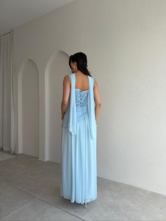 MİMOSA Maxi Şallı Elbise 8543 - Bebe Mavisi - 4