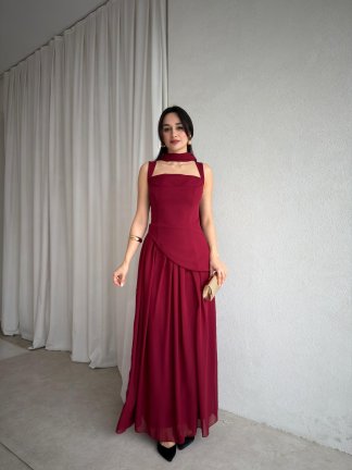 MİMOSA Maxi Şallı Elbise 8543 - Bordo 