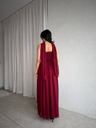 MİMOSA Maxi Şallı Elbise 8543 - Bordo - 3