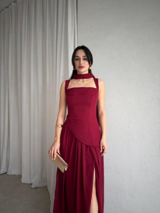 MİMOSA Maxi Şallı Elbise 8543 - Bordo 
