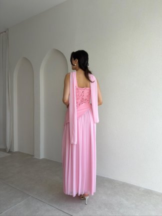 MİMOSA Maxi Şallı Elbise 8543 - Pembe - 3