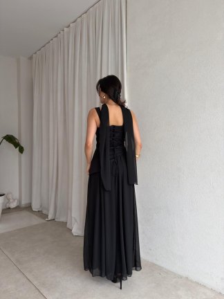 MİMOSA Maxi Şallı Elbise 8543 - Siyah - 3