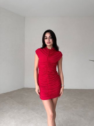 Mini Puantiyeli WACLAW Elbise 4366 - Kırmızı 