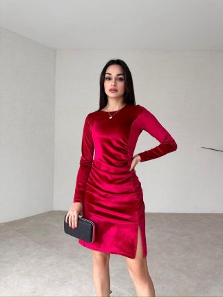 Mini Yırtmaçlı Kadife FREDRİC Elbise 2321 - Kırmızı 