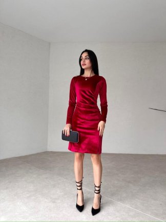 Mini Yırtmaçlı Kadife FREDRİC Elbise 2321 - Kırmızı - 2