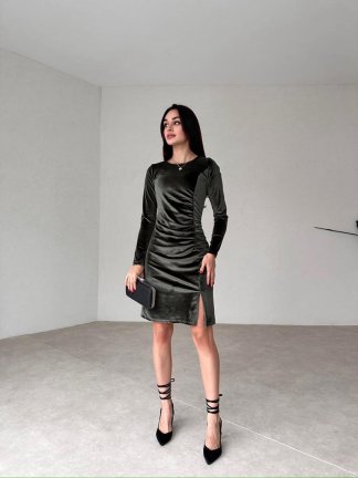 Mini Yırtmaçlı Kadife FREDRİC Elbise 2321 - Haki - 2