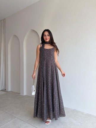 MİSSY Şallı Puantiye Detaylı Maxi Elbise 1199 - Acı Kahve - 1