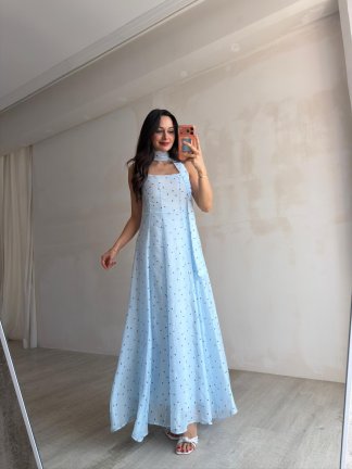 MİSSY Şallı Puantiye Detaylı Maxi Elbise 1199 - Bebe Mavisi - 3