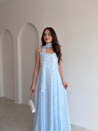 MİSSY Şallı Puantiye Detaylı Maxi Elbise 1199 - Bebe Mavisi - 2