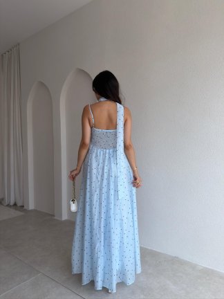 MİSSY Şallı Puantiye Detaylı Maxi Elbise 1199 - Bebe Mavisi - 4