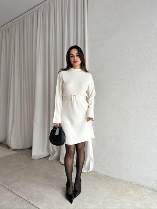 MİU Triko Mini Elbise 8615 - Beyaz - 2