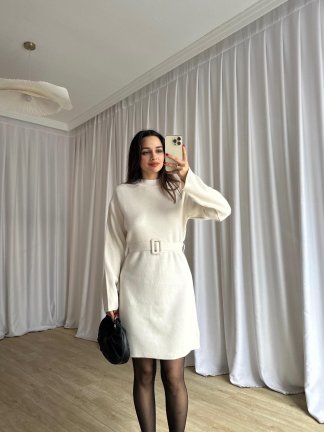 MİU Triko Mini Elbise 8615 - Beyaz - 4