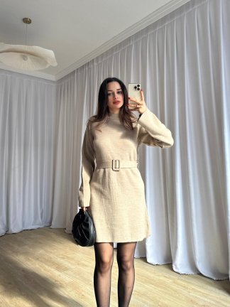 MİU Triko Mini Elbise 8615 - Vizon - 2