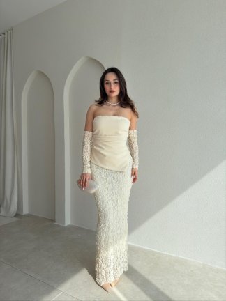MOİRA Dantelli Maxi Elbise 9985 - Krem Rengi - 1