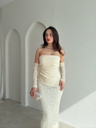 MOİRA Dantelli Maxi Elbise 9985 - Krem Rengi - 2