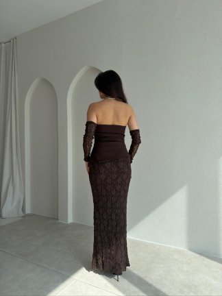 MOİRA Dantelli Maxi Elbise 9985 - Acı Kahve - 3