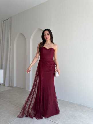 MONACO Straplez Maxi Elbise 1795 - Bordo - 1