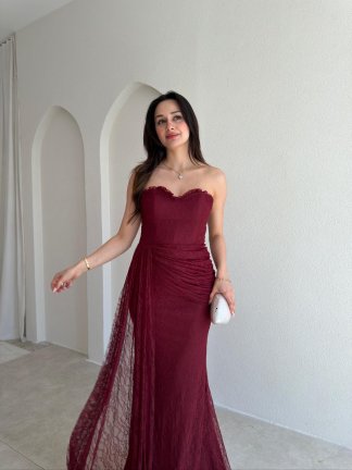 MONACO Straplez Maxi Elbise 1795 - Bordo - 2