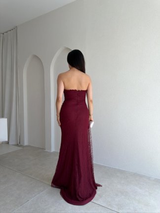 MONACO Straplez Maxi Elbise 1795 - Bordo - 3