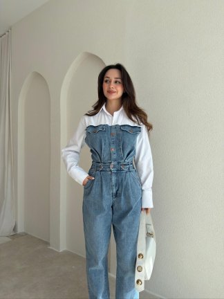 MORTİCA Gömlek Detaylı Denim Tulum 8728 - Mavi - 1