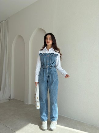 MORTİCA Gömlek Detaylı Denim Tulum 8728 - Mavi - 2