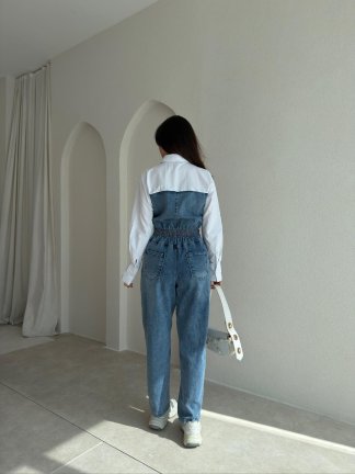 MORTİCA Gömlek Detaylı Denim Tulum 8728 - Mavi - 3