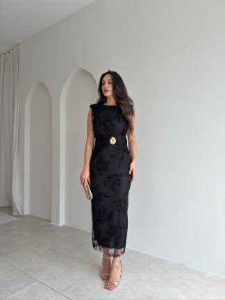 MOTTY Sim Desenli Midi Elbise 3601 - Siyah - 1