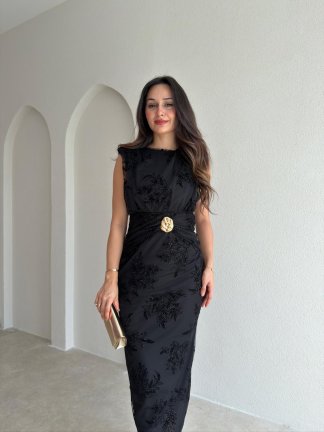 MOTTY Sim Desenli Midi Elbise 3601 - Siyah - 2