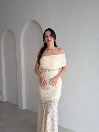 NARİYA Tek Omuz Elbise 3927 - Ekru - 2