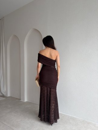 NARİYA Tek Omuz Elbise 3927 - Acı Kahve - 3