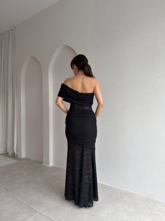 NARİYA Tek Omuz Elbise 3927 - Siyah - 3